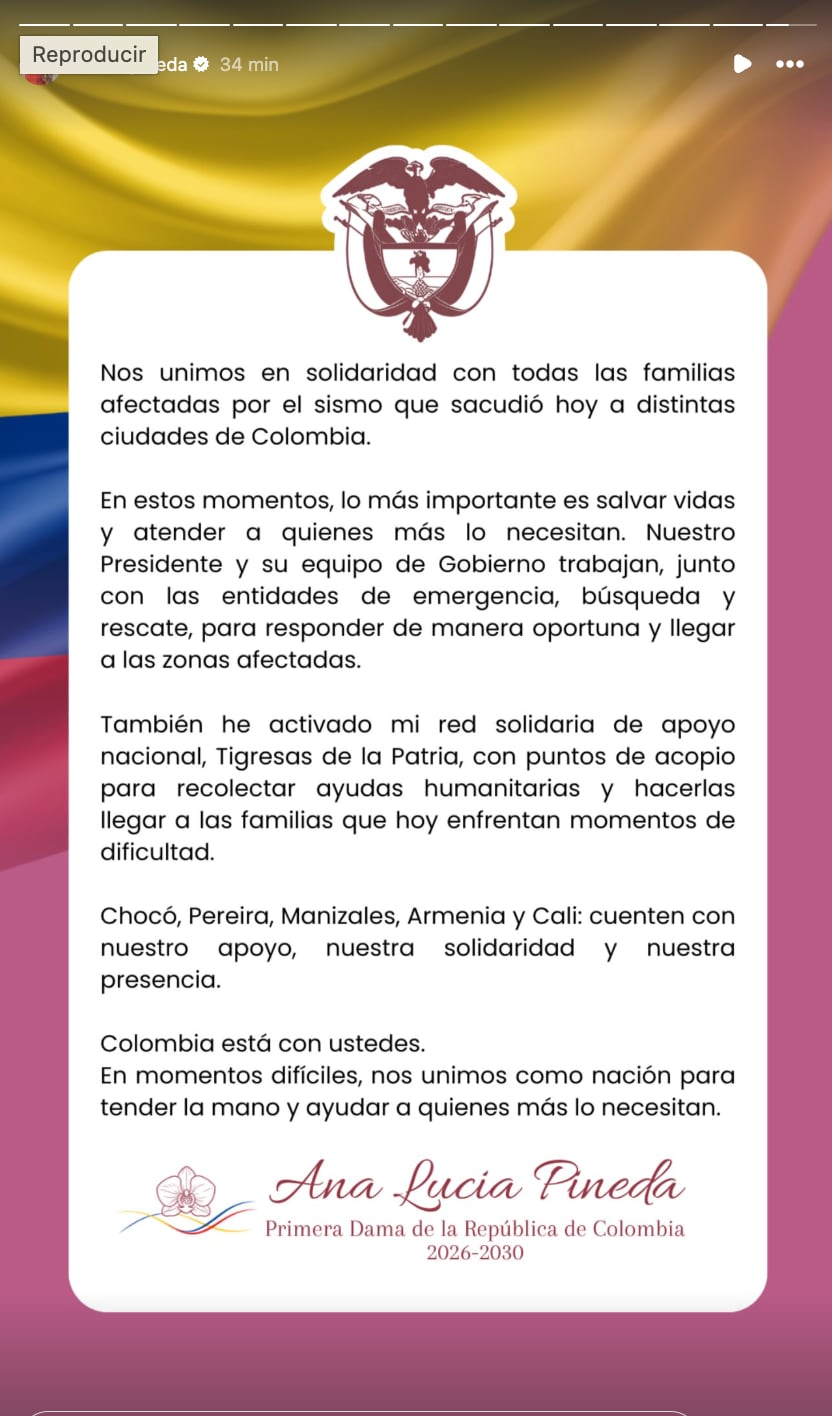 Ana Lucía Pineda, primera dama de Colombia, se pronunció tras fuerte terremoto.