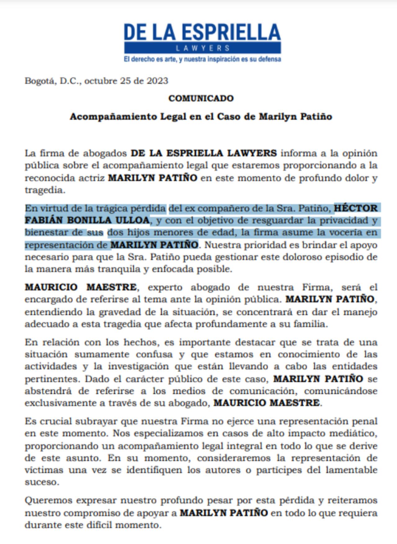 La firma tendrá la vocería para referirse a los temas relacionados con la muerte del exesposo de la caleña.