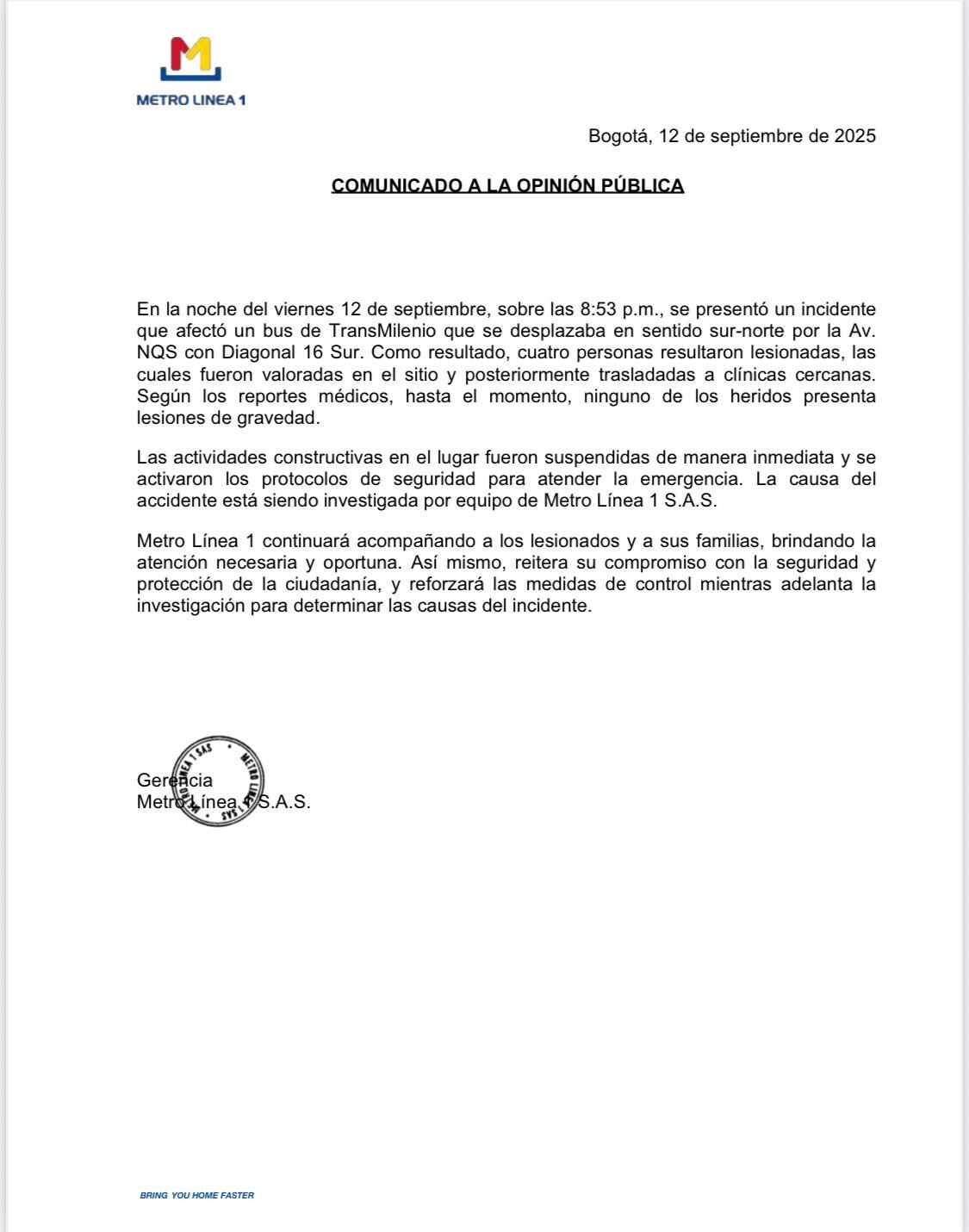 La entidad señaló que un equipo especializado está a cargo de establecer las causas que generaron el incidente.