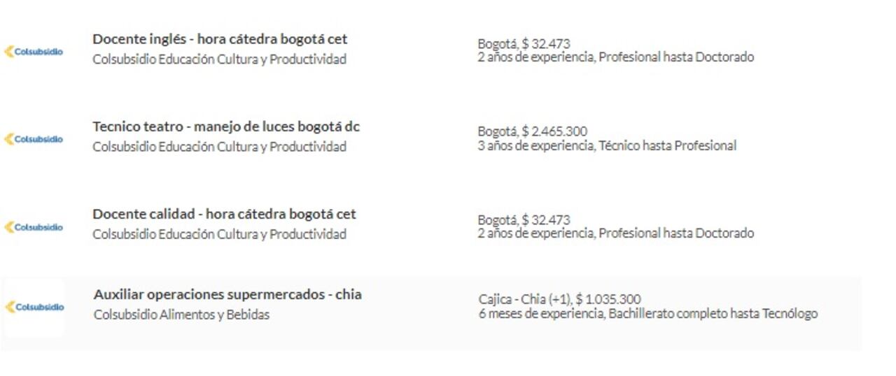 Vacantes abiertas por Colsubsidio.