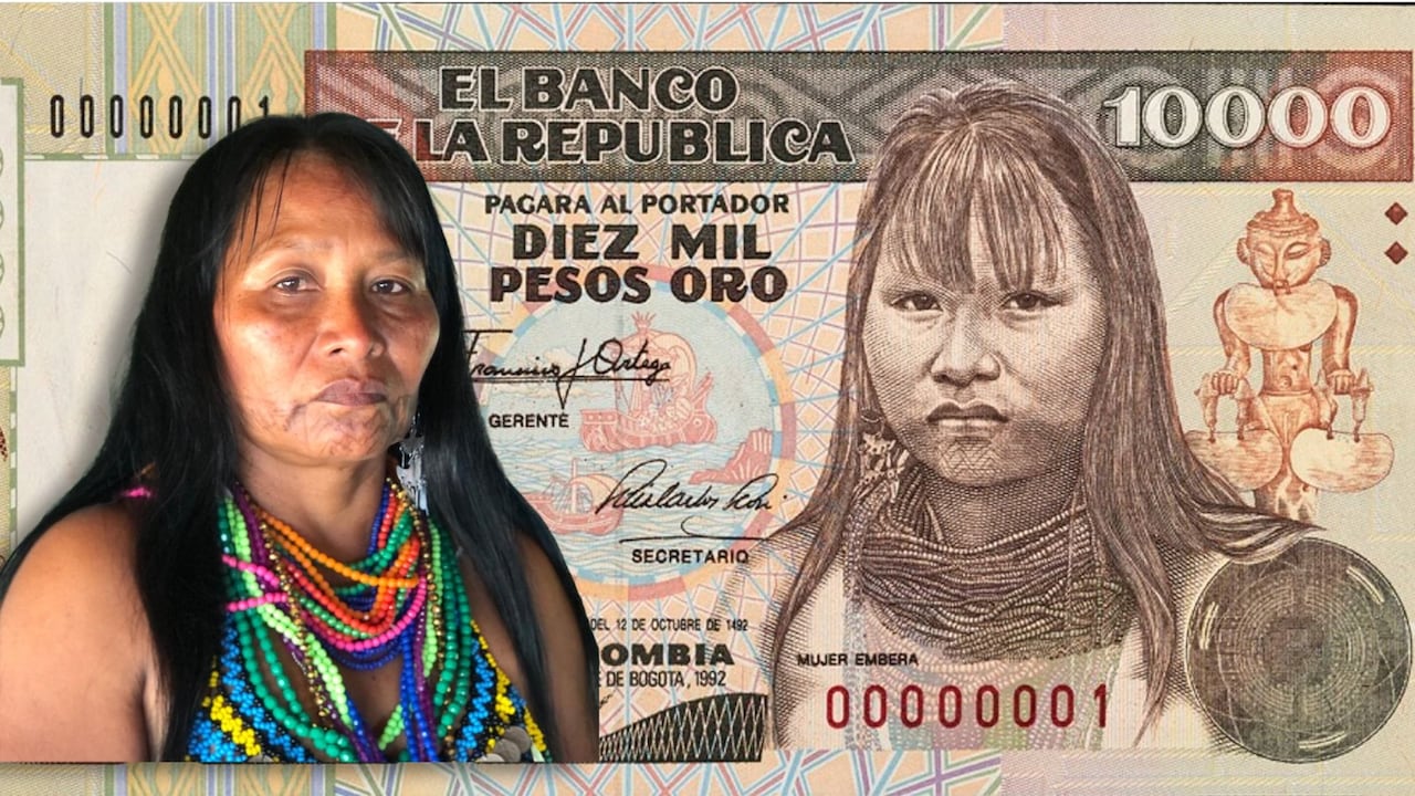 A la izquierda: Adriana Martínez Dogirama, en la isla en la que vive, cerca del lago Gatún (Panamá). A la derecha, el billete de diez mil pesos colombianos que circuló en Colombia entre 1992 y 1994