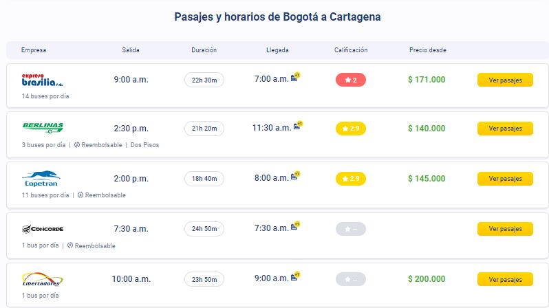 Pasaje de Bogotá hasta Cartagena en bus.