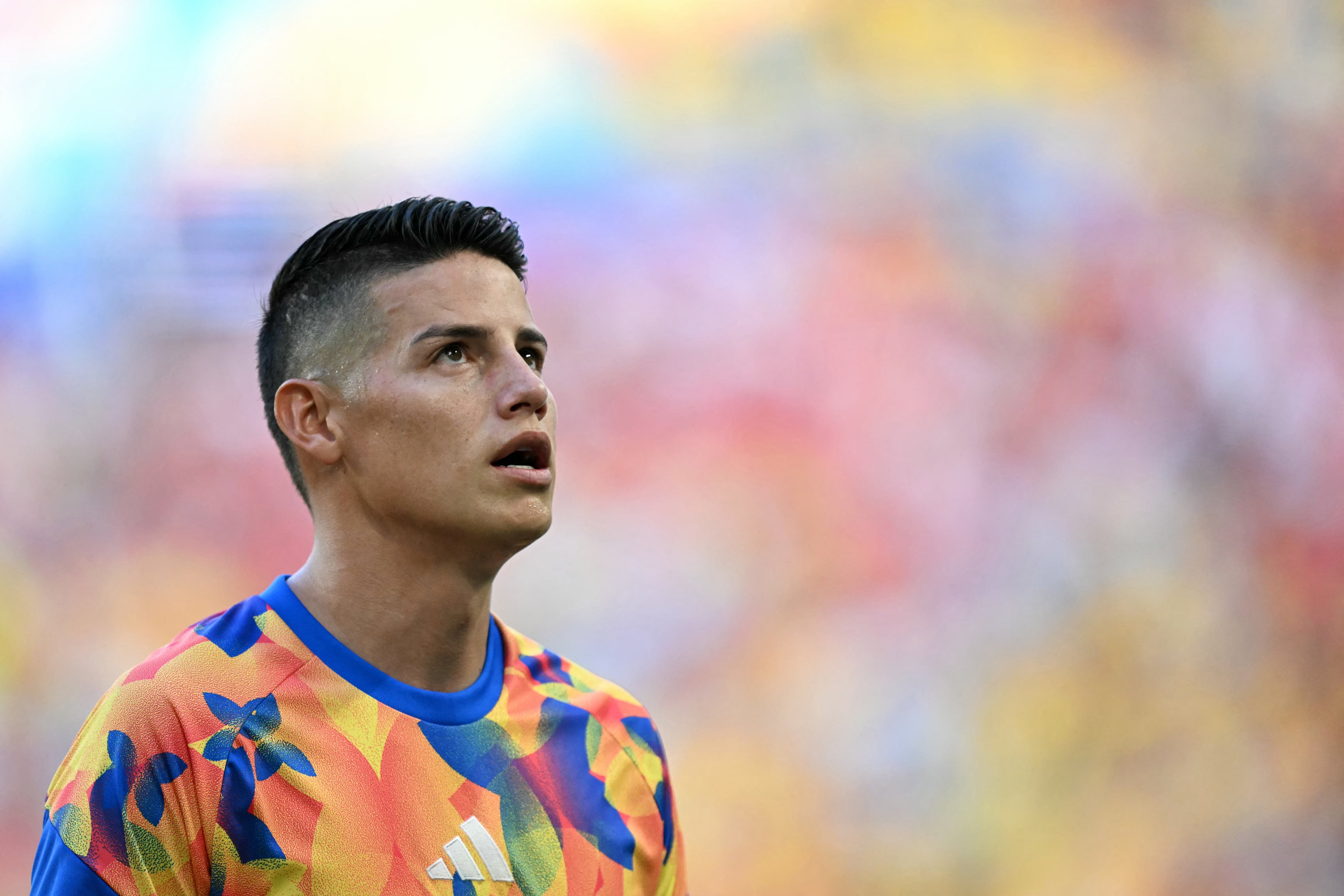 Colombia's midfielder #10 James Rodriguez warms up ahead of the 2026 World Cup Group K football match between Colombia and Portugal at the Miami Stadium in Miami Gardens on June 27, 2026. (Photo by CHANDAN KHANNA / AFP)