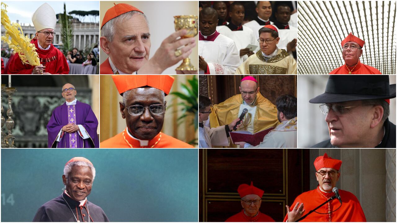 De izquierda a derecha y de arriba a abajo: Pietro Parolin, Matteo Zuppi, Luis Antonio Tagle, Jean-Claude Hollerich, Michael Czerny, Robert Sarah, Péter Erdő, Raymond Burke, Peter Turkson y Pierbattista Pizzaballa