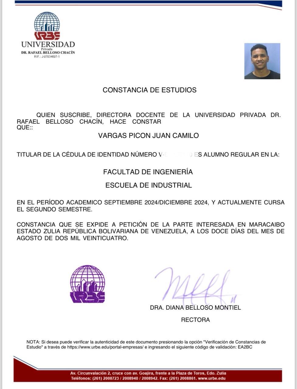 Este es el documento emitido por la institución que verifica que el joven era estudiante de ingeniería