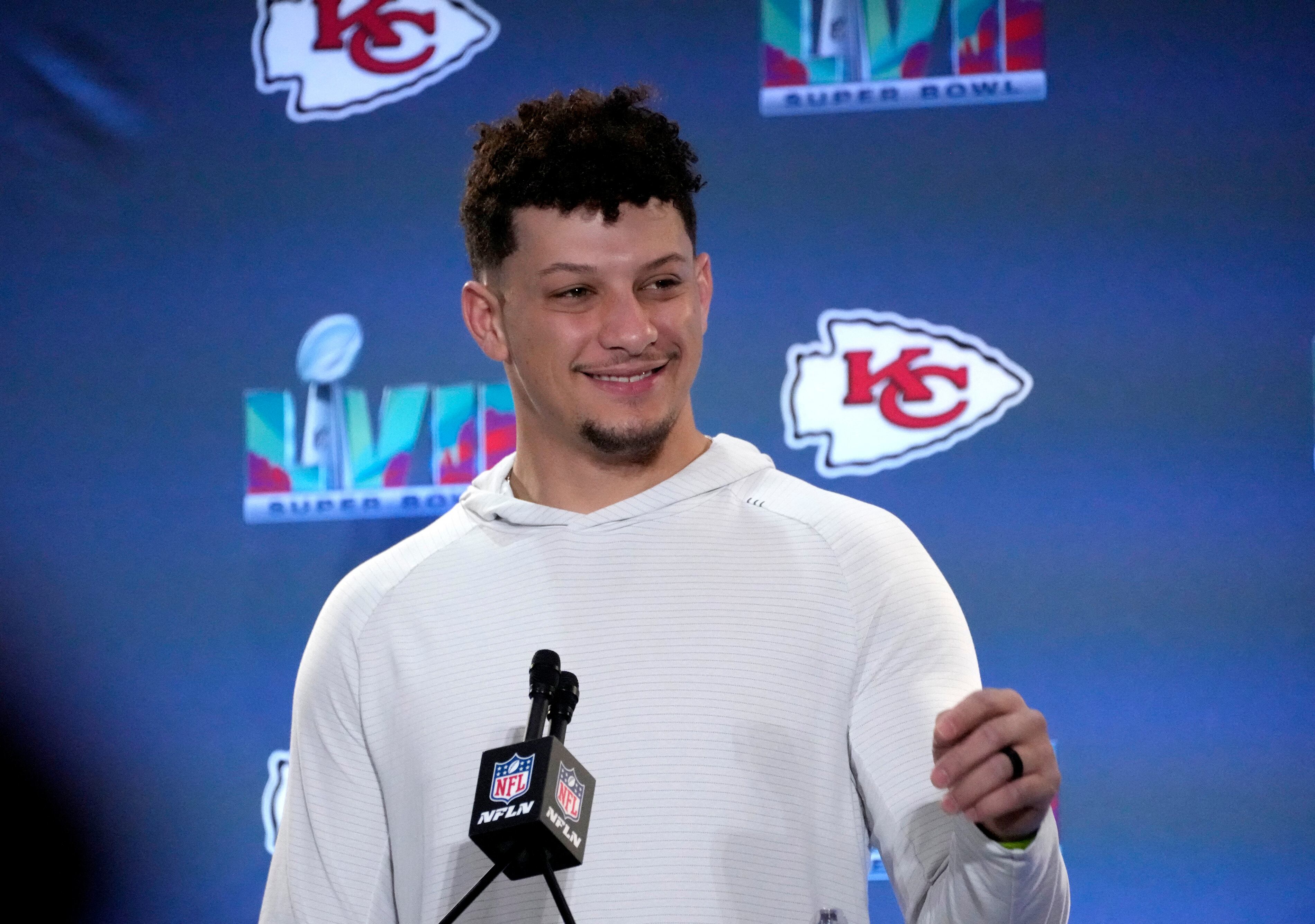 Feb 8, 2023; Scottsdale, AZ, USA; Kansas City Chiefs quarterback Patrick Mahomes (15) addresses the media during team availability at Hyatt Regency at Gainey Ranch. Mandatory Credit: Cheryl Evans-USA TODAY Sports