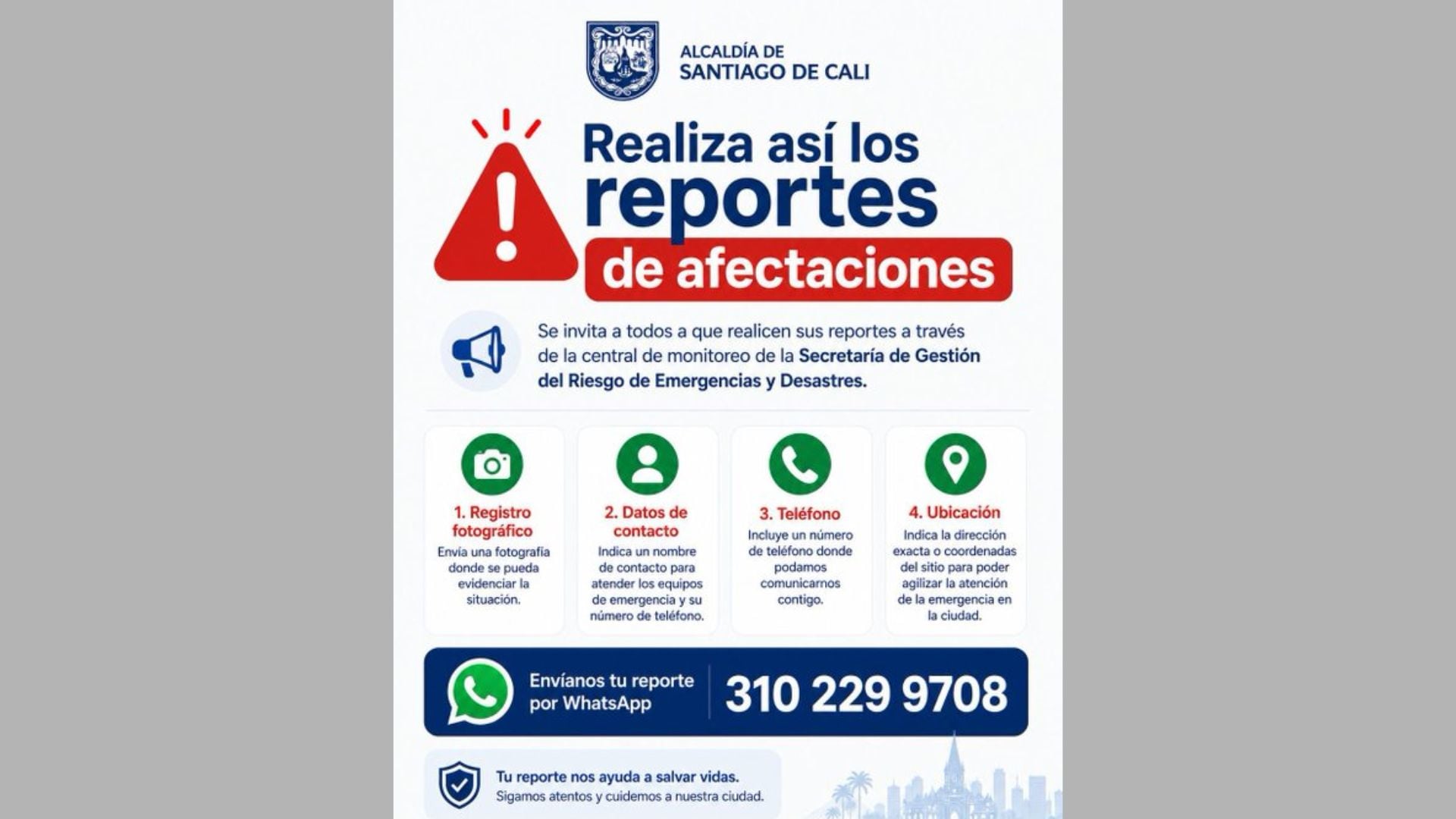 La Alcaldía de Cali habilitó el número 310 229 9708, vía WhatsApp, para reportar afectaciones tras el sismo. Los ciudadanos deben enviar fotografías, datos de contacto y la ubicación del lugar afectado.