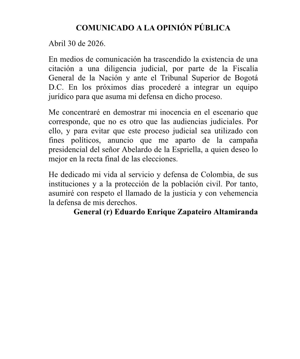 General Zapateiro se aparta de campaña de De la Espriella tras citación de la Fiscalía