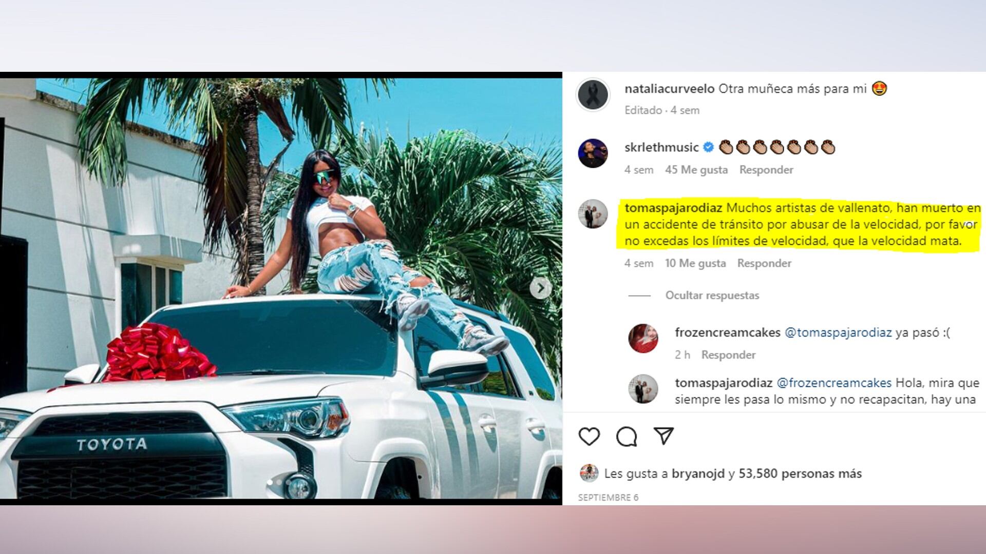 Un seguidor de la artista le había hecho un comentario referente al exceso de velocidad.