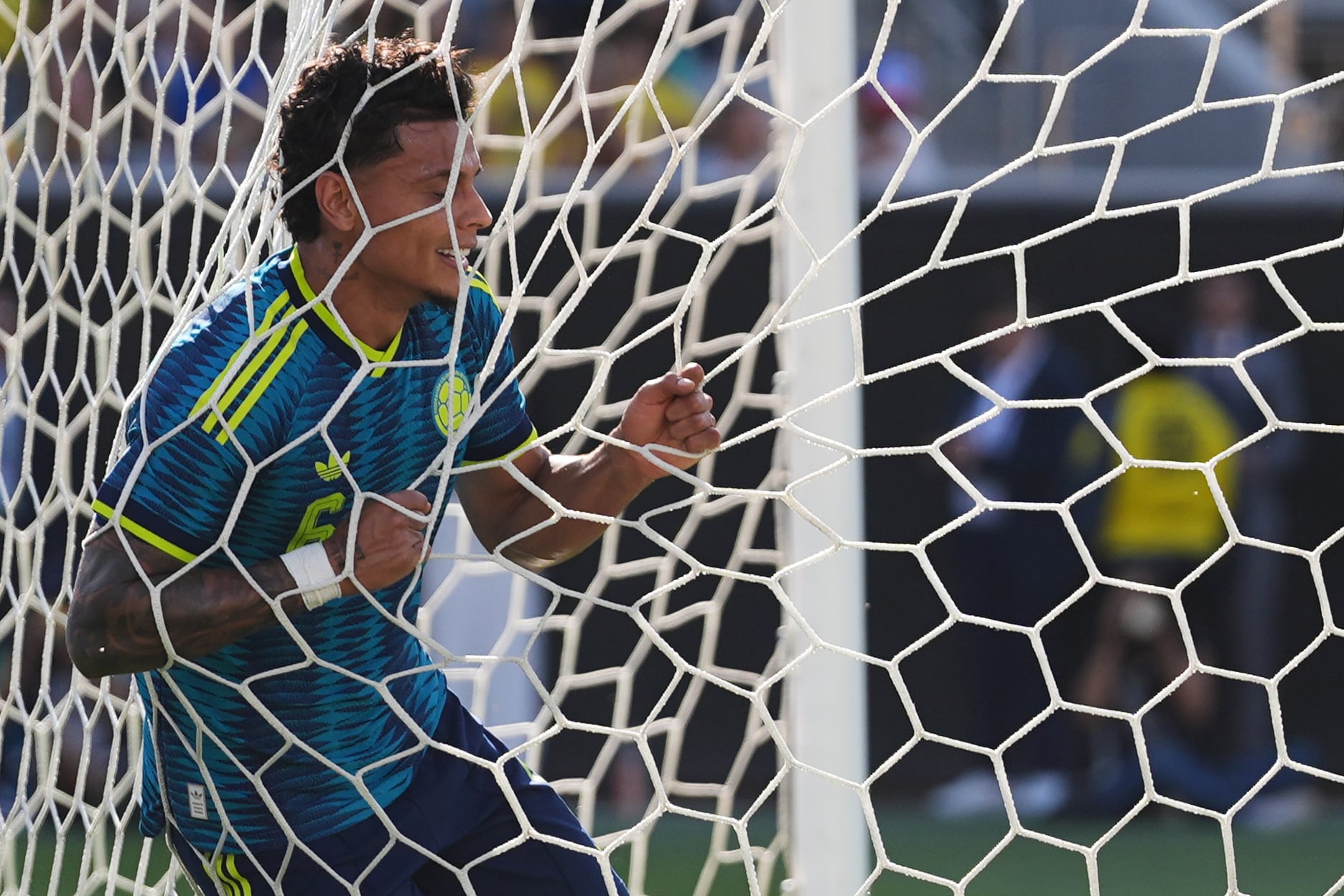 Colombia midfielder Richard Rios reacts after a missed opportunity to score during the second half of an international friendly soccer match against Jordan, Sunday, June 7, 2026, in San Diego. (AP Photo/Gregory Bull)