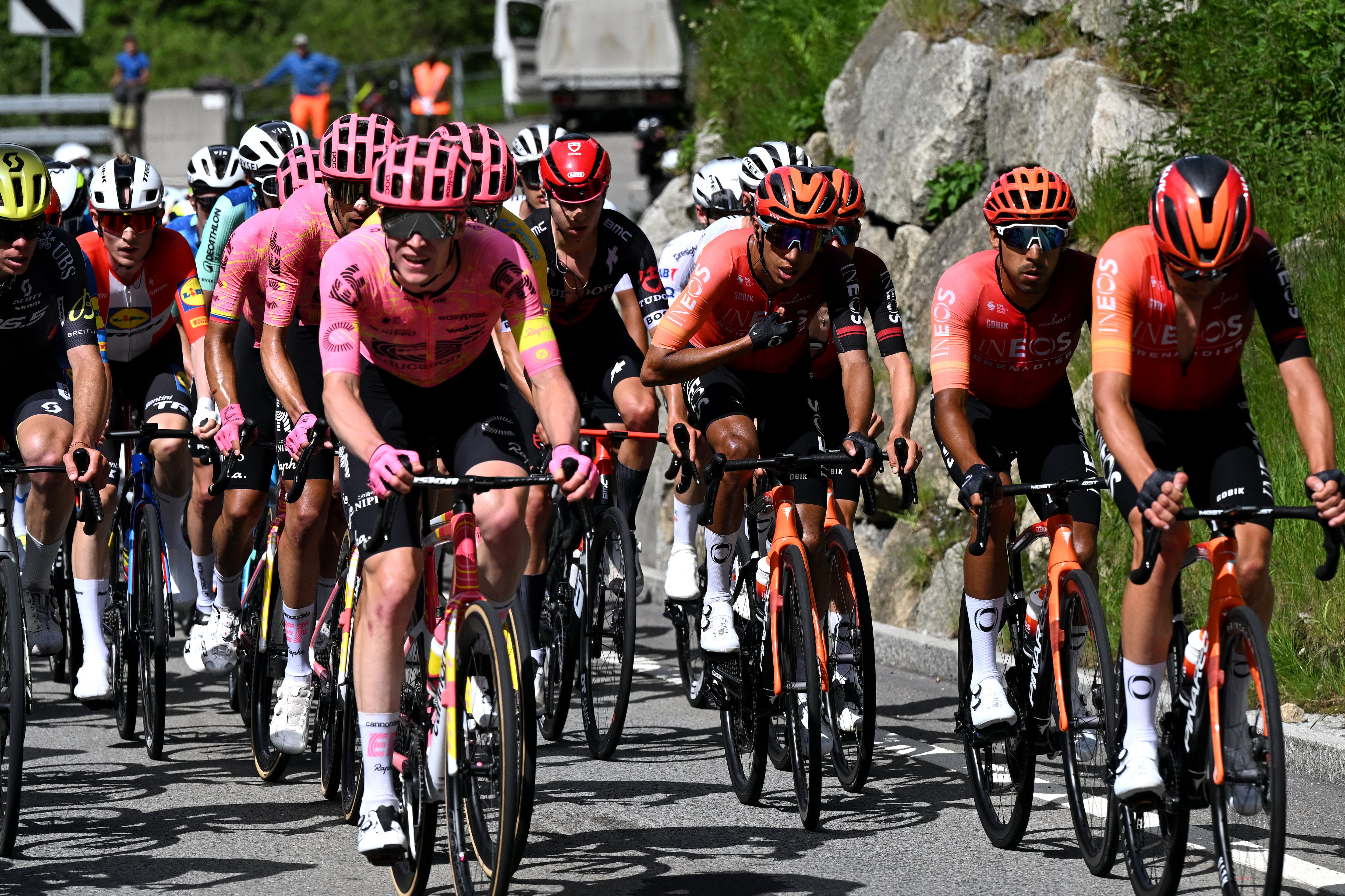 GOTTHARD PASS, SWITZERLAND - JUNE 12: (L-R) Egan Bernal of Colombia, Brandon Rivera of Colombia and Oscar Rodriguez of Spain and Team INEOS Grenadiers compete during the 87th Tour de Suisse 2024, Stage 4 a 171km stage from Ruschlikon to Gotthard Pass 2092m on / #UCIWT / June 12, 2024 in Gotthard Pass, Switzerland. (Photo by Tim de Waele/Getty Images)