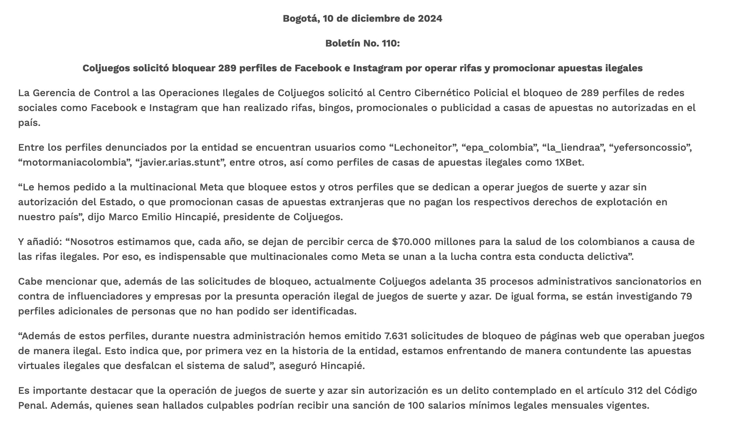 Coljuegos solicitó bloquear 289 perfiles de Facebook e Instagram por operar rifas y promocionar apuestas ilegales.