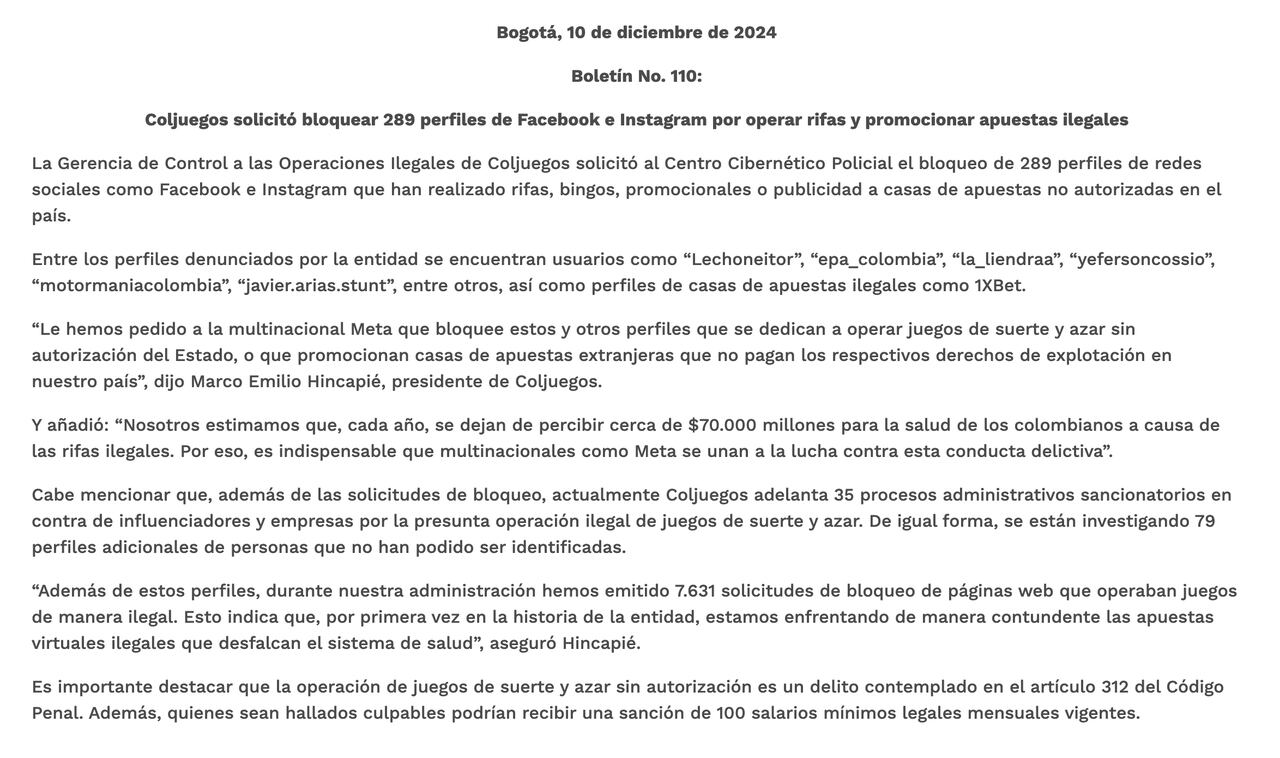 Coljuegos solicitó bloquear 289 perfiles de Facebook e Instagram por operar rifas y promocionar apuestas ilegales.