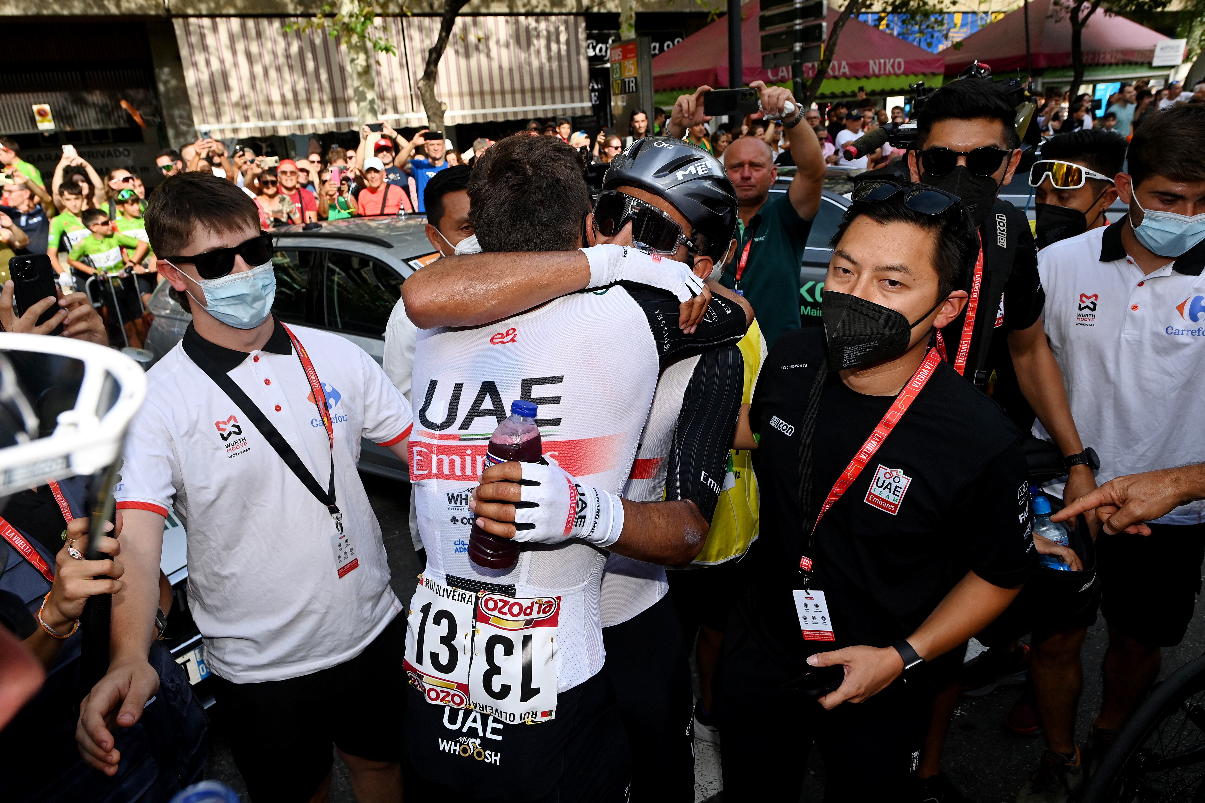 ZARAGOZA, SPAIN - SEPTEMBER 07: Stage winner Juan Sebastian Molano Benavides of Colombia (R) and Rui Oliveira of Portugal and UAE Team Emirates (L) react after the 78th Tour of Spain 2023, Stage 12 a 150.6km from Ólvega to Zaragoza / #UCIWT / on September 07, 2023 in Zaragoza, Spain. (Photo by Tim de Waele/Getty Images)