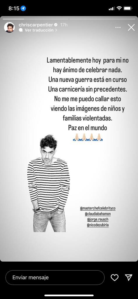 Chris Carpentier se refirió a la situación que se vive en Israel y Gaza