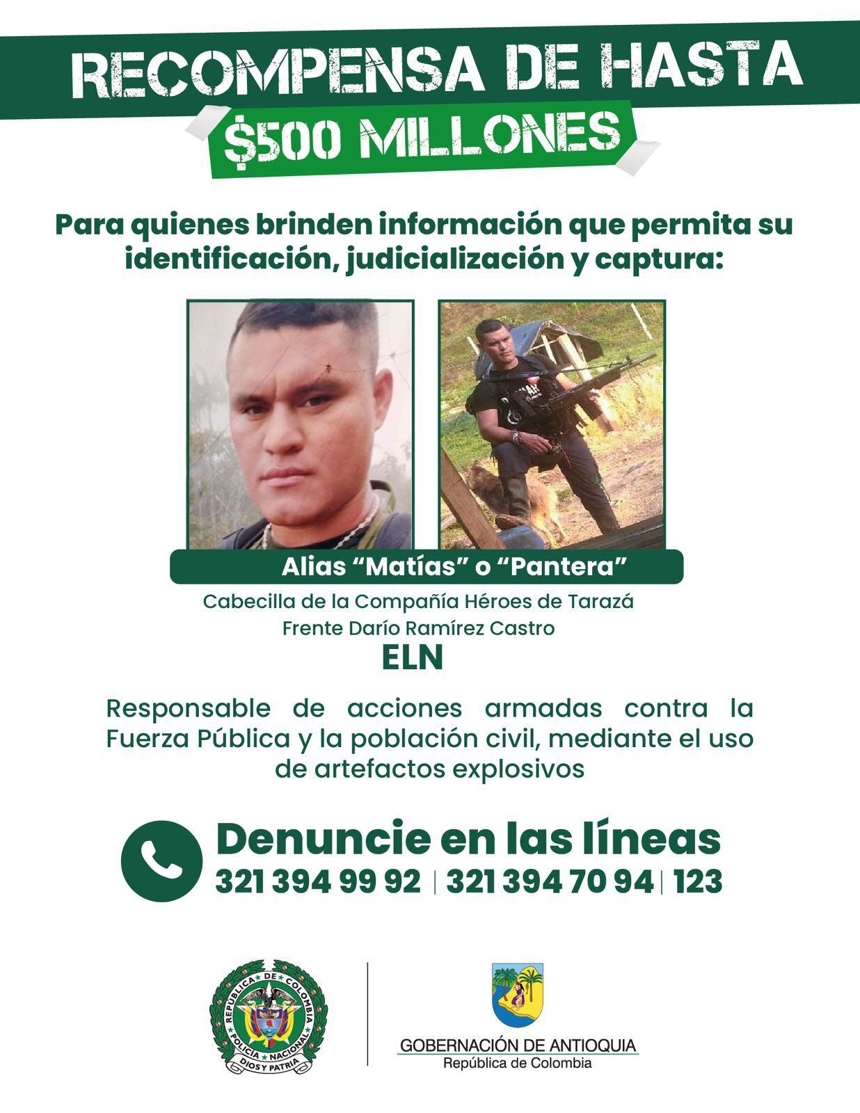 Alias Matías o Pantera, presunto autor del atentado con un burrobomba en Antioquia