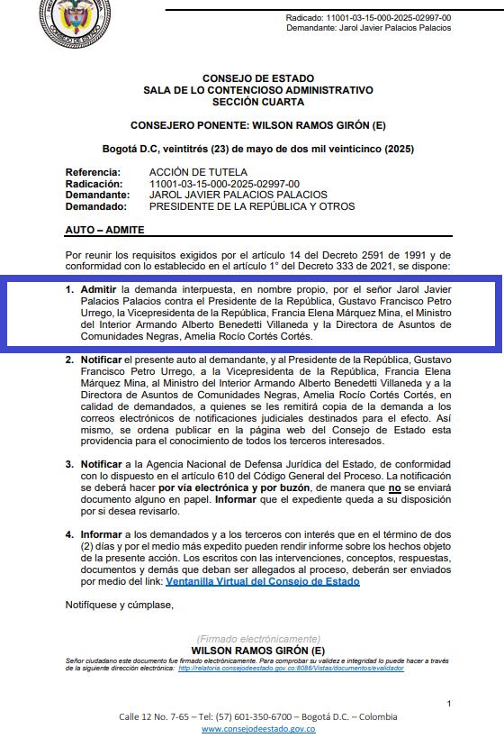 El Consejo de Estado admitió una tutela en contra de la Presidencia, la Vicepresidencia y el Ministerio del Interior por la falta de representantes de comunidades negras.