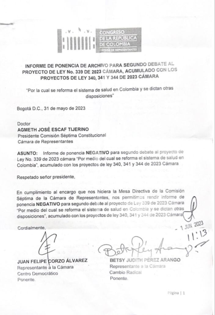 Informe de ponencia negativo para debate en la plenaria de la Cámara de Representantes.