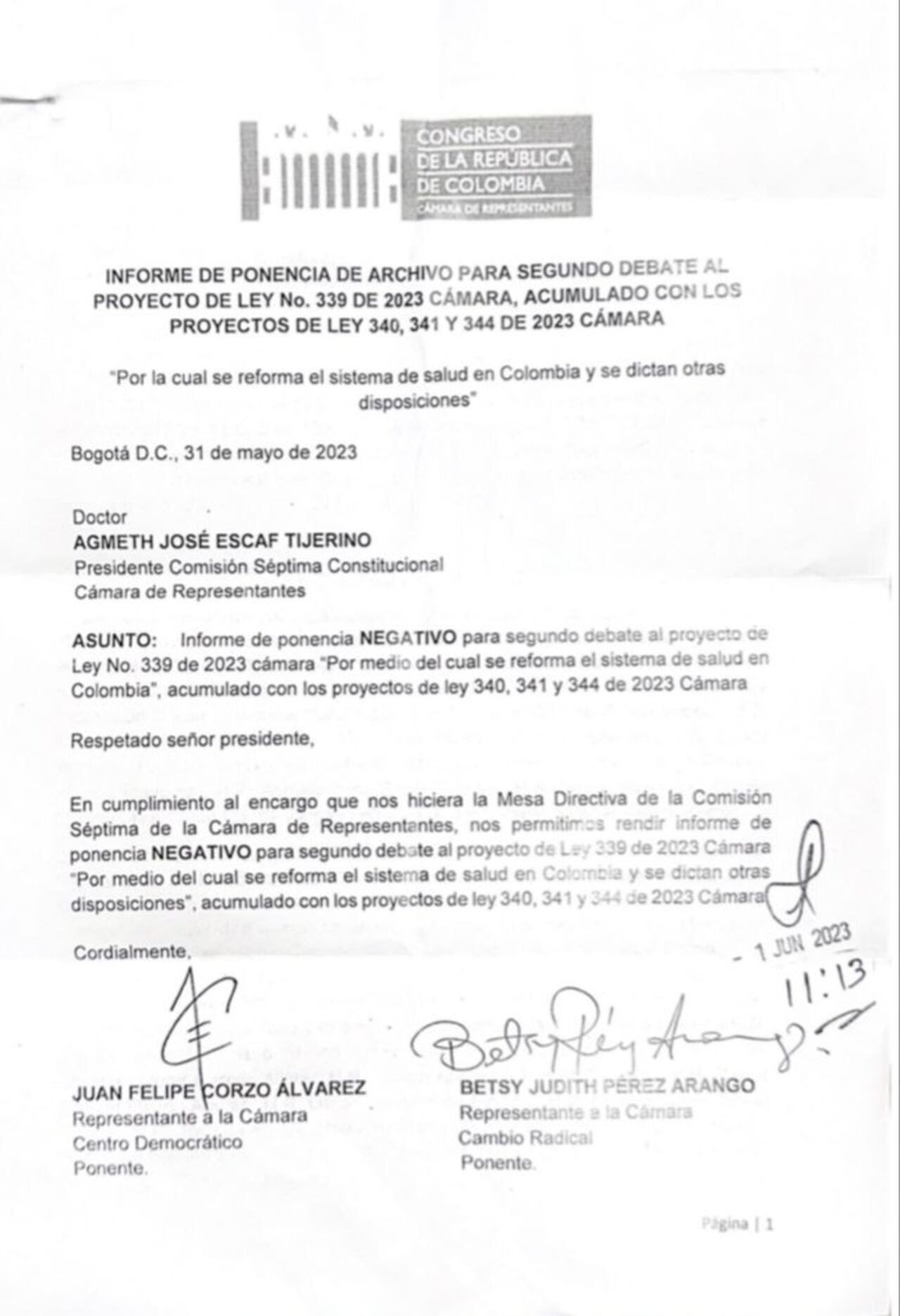 Informe de ponencia negativo para debate en la plenaria de la Cámara de Representantes.
