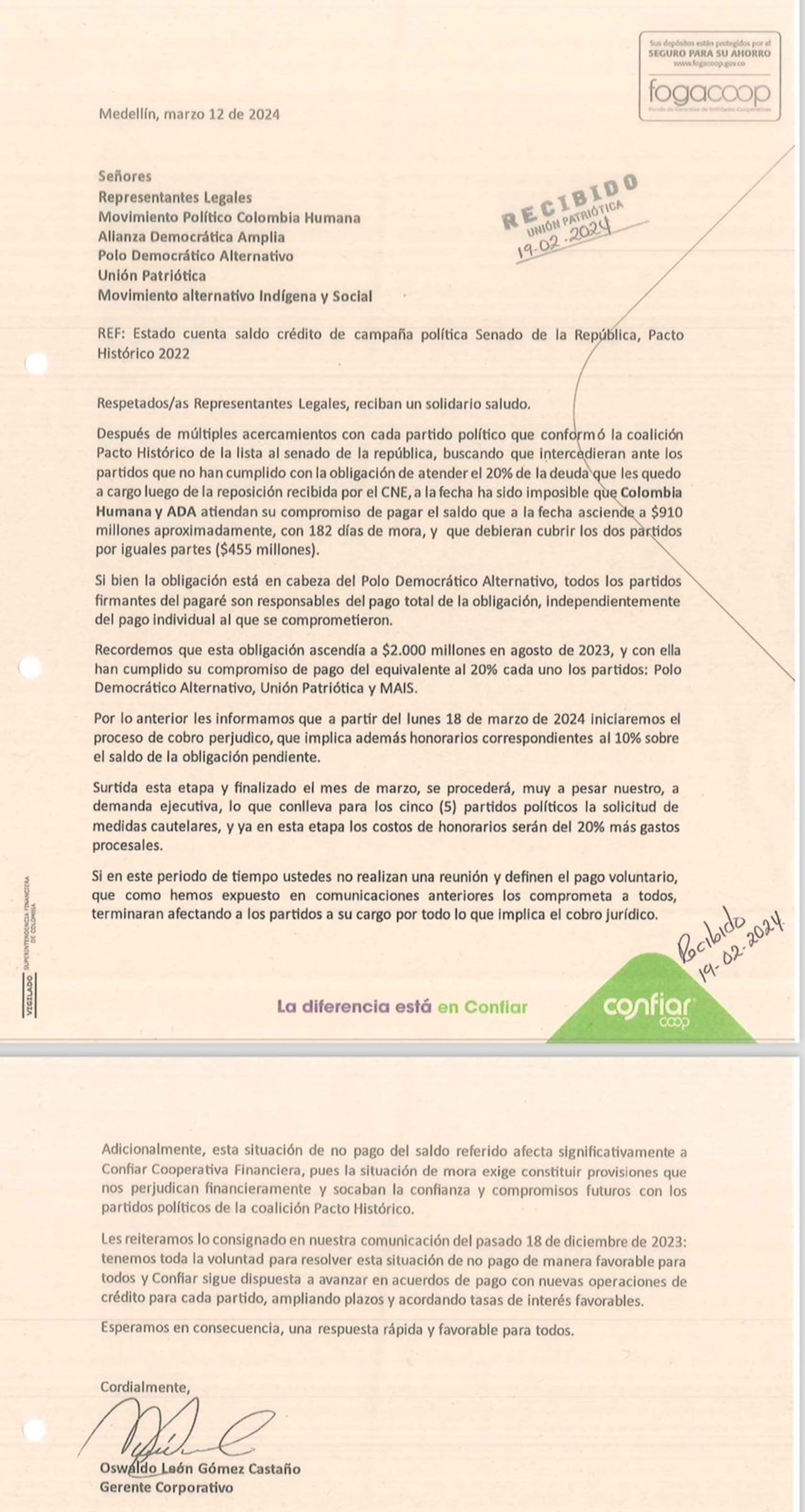 Esta es la carta de la Cooperativa que advierte procesos jurídicos contra algunos partidos políticos del Pacto Histórico.