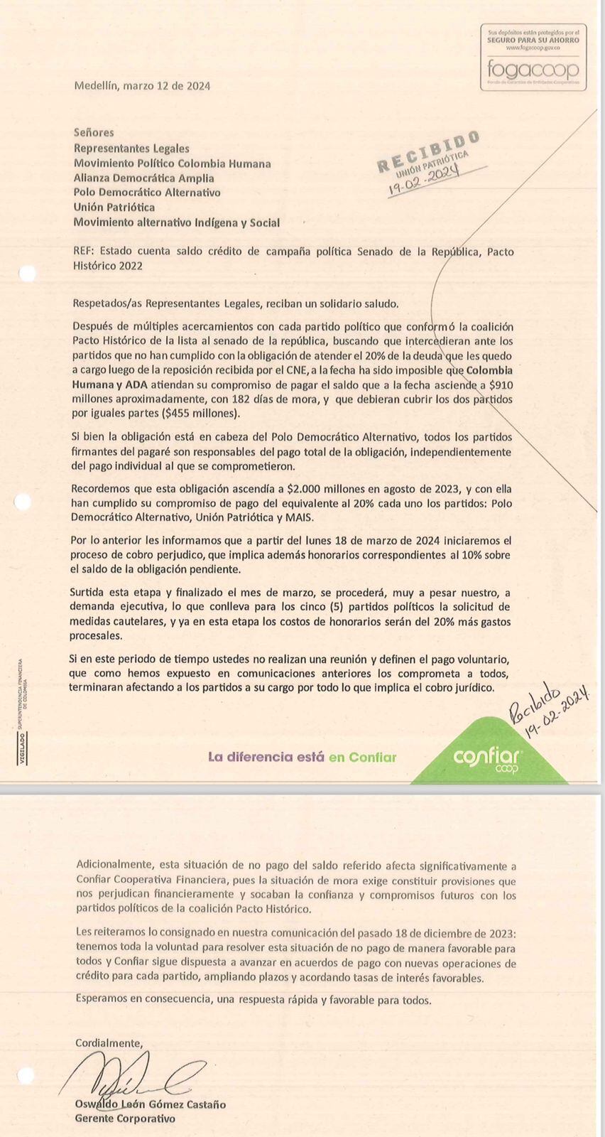 Esta es la carta de la Cooperativa que advierte procesos jurídicos contra algunos partidos políticos del Pacto Histórico.