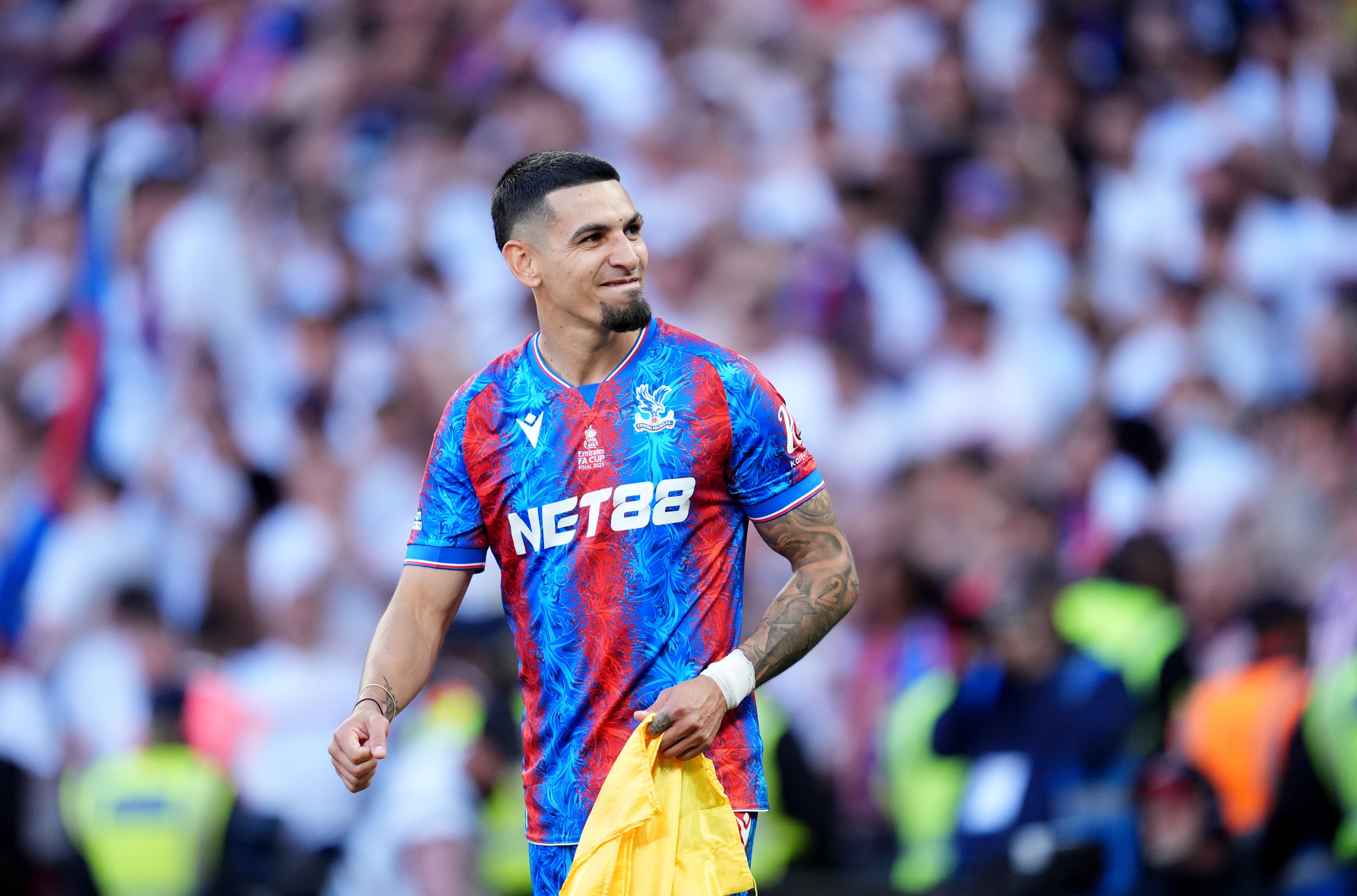 Crystal Palace's Daniel Munoz celebrates on the pitch after the Emirates FA Cup final at Wembley Stadium, London. Picture date: Saturday May 17, 2025. (Photo by Adam Davy/PA Images via Getty Images)