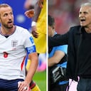 Carlos Queiroz (der.) y sus dirigidos de Ghana, contuvieron a la Inglaterra de Harry Kane (izq.) que no encontró los caminos.