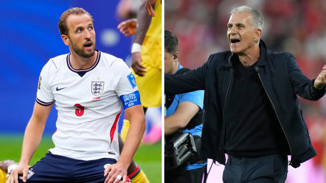 Carlos Queiroz (der.) y sus dirigidos de Ghana, contuvieron a la Inglaterra de Harry Kane (izq.), que no encontró los caminos.