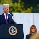 SHANKSVILLE, PA - SEPTEMBER 11: President Donald J. Trump delivers remarks during a ceremony at the Flight 93 National Memorial commemorating the 19th anniversary of the crash of Flight 93 and the September 11th terrorist attacks on September 11, 2020 in Shanksville, Pennsylvania. The nation is marking the nineteenth anniversary of the terror attacks of September 11, 2001, when the terrorist group al-Qaeda flew hijacked airplanes into the World Trade Center and the Pentagon, killing nearly 3,000 people. Jeff Swensen/Getty Images/AFP
