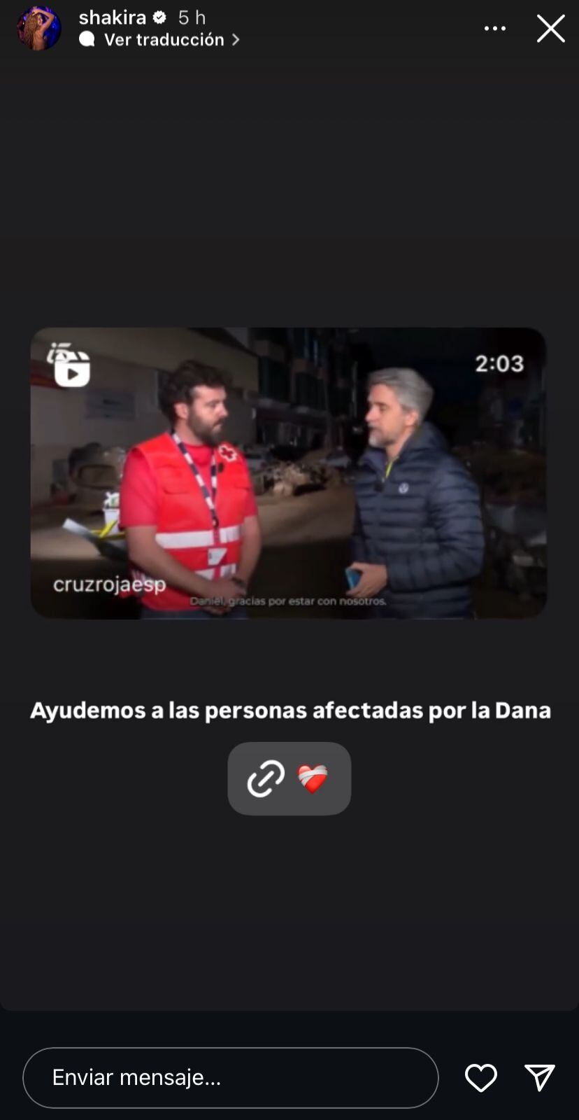 En su mensaje, Shakira instó a sus seguidores a unirse y ayudar a quienes han sido afectados por la calamidad conocida como Dana, diciendo: “Ayudemos a las personas afectadas por la Dana”.