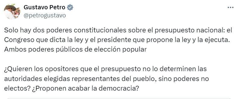 En medio de la polémica que se desató al conocer que el presidente, Gustavo Petro, tendría poderes especiales para decidir sobre el presupuesto general en para decidir sobre proyectos de inversión y las críticas que esto ha generado, el mandatario volvió a defender esta propuesta que hizo el Ministerio de Hacienda.
