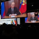 Russian President Vladimir Putin addresses leaders from the BRICS group of emerging economies at the start of a three-day summit in Johannesburg, South Africa , Tuesday, Aug. 22, 2023. Putin appeared on a video link after his travel to South Africa was complicated by an International Criminal Court arrest warrant against him over the war in Ukraine. (AP Photo/Jerome Delay)