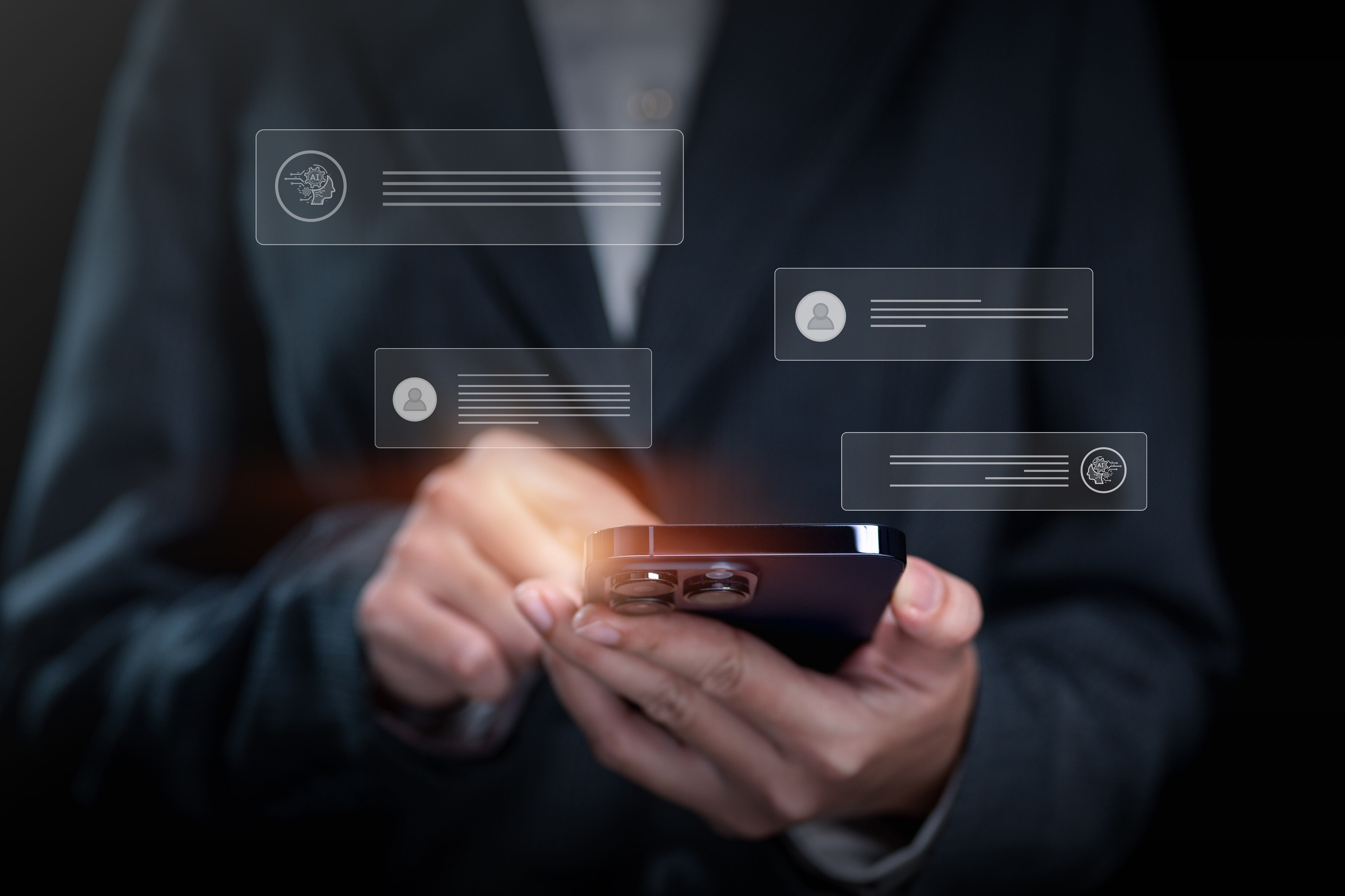 Empresario usando chatbot en smartphone con Inteligencia Artificial Chat