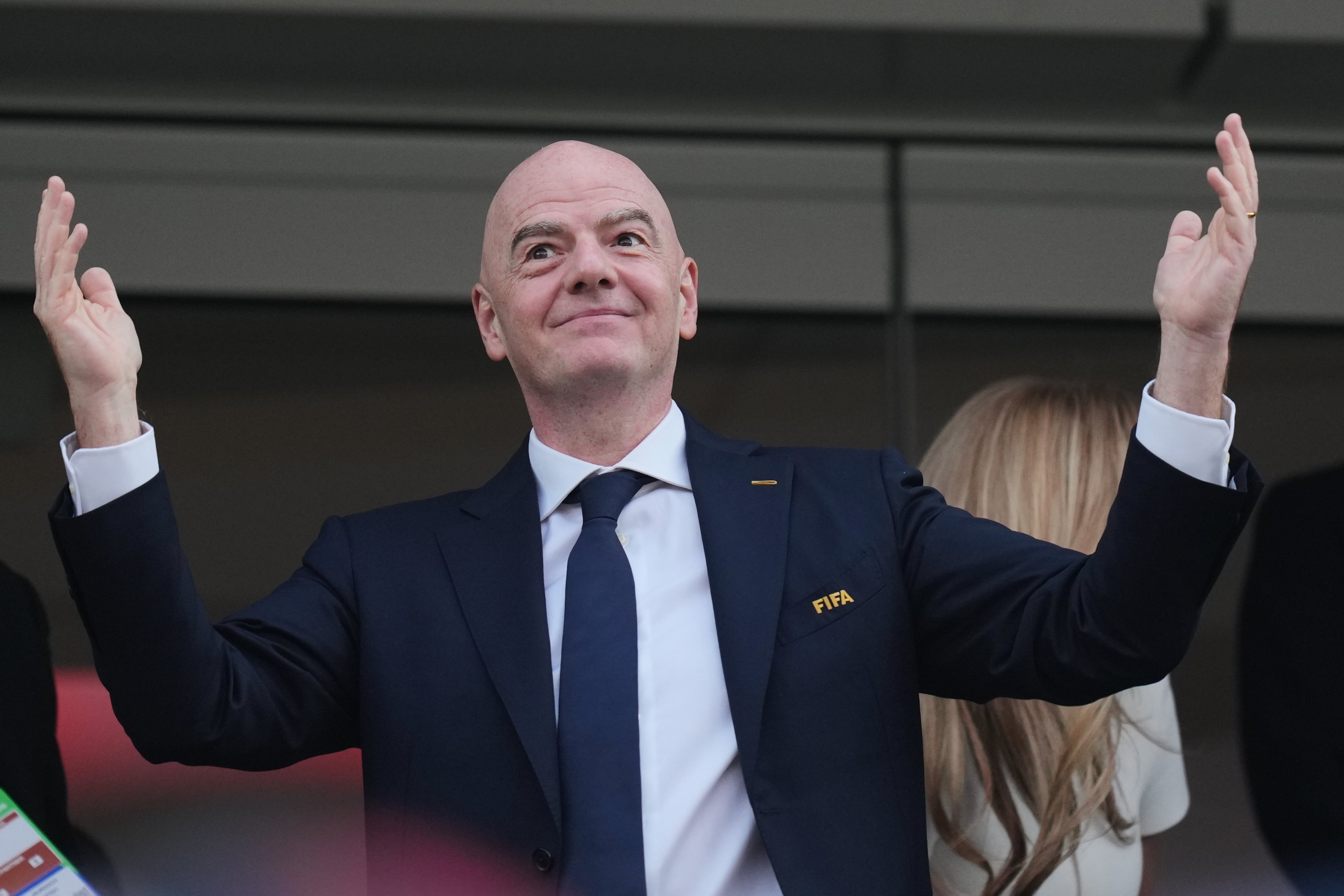 FIFA President Gianni Infantino attends the World Cup Group D soccer match between the United States and Paraguay in Inglewood, Calif., near Los Angeles, Friday, June 12, 2026. (AP Photo/Andre Penner)