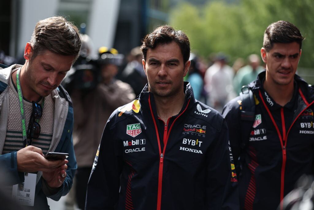 SPA, BELGIUM - JULY 30: Sergio Perez of Mexico and Oracle Red Bull Racing arrives for the F1 Grand Prix of Belgium at Circuit de Spa-Francorchamps on July 30, 2023 in Spa, Belgium. (Photo by Qian Jun/MB Media/Getty Images)