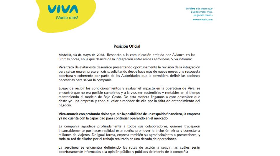 Pronunciamiento oficial de Viva Air, tras decisión de Avianca.