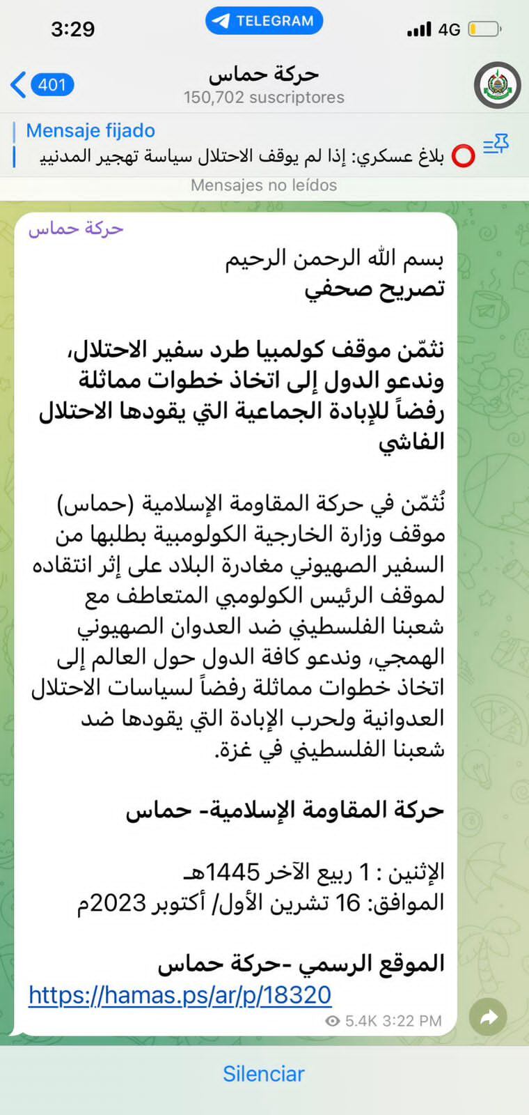 Hamás a través de una cuenta de Telegram agradeció al Gobierno de Colombia.