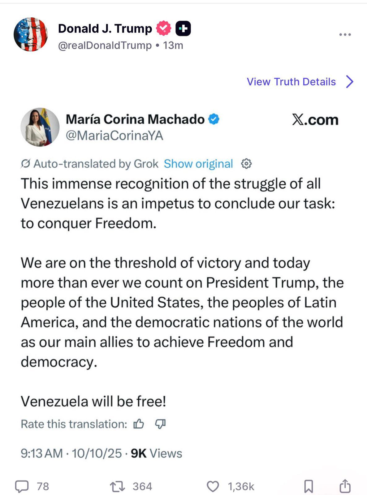 Publicación de la cuenta personal de Truth del presidente Trump