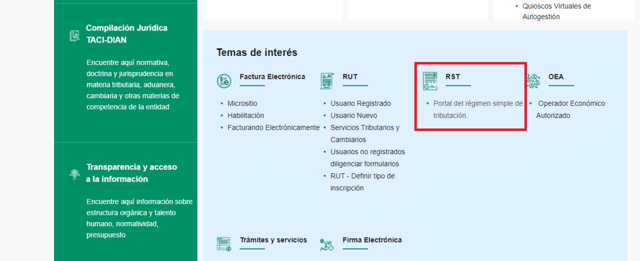 La opción en la página de la DIAN en la que está el RST. Así también aparece en la aplicación.