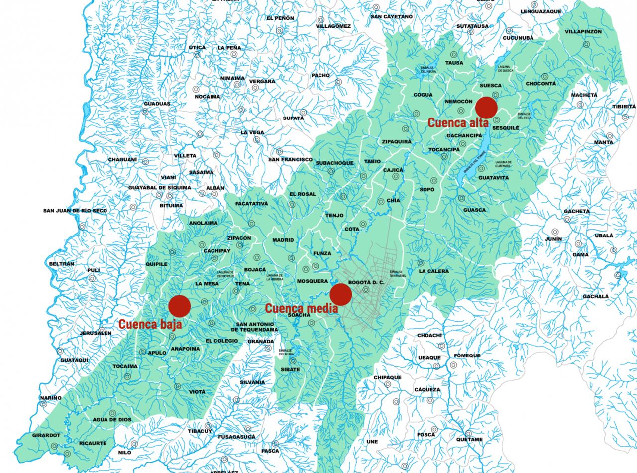 El río Bogotá está divido en tres cuencas, alta, media y baja, desde su nacimiento en Villapinzón hasta su desembocadura en Girardot.