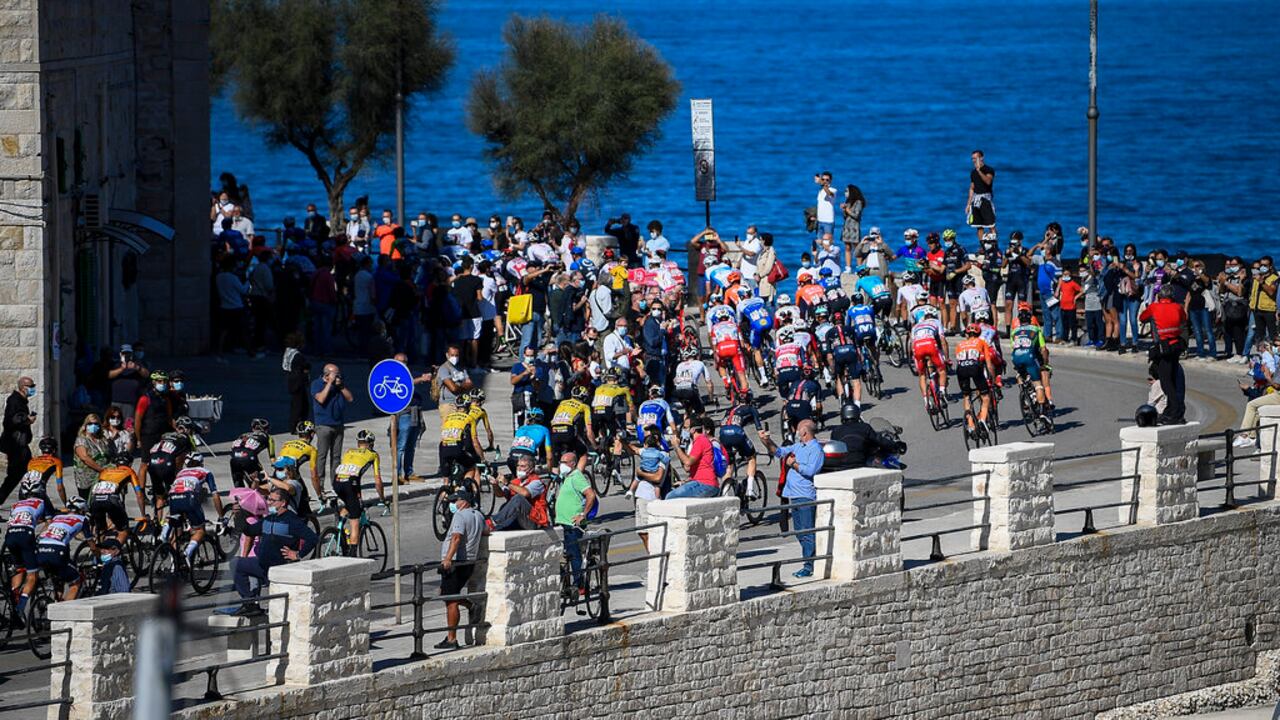 Cyclists pedal during the eight stage of the Giro d'Italia cycling race from Giovinazzo to Vieste, Italy, Saturday, Oct. 10, 2020. (Marco Alpozzi/LaPresse via AP)
