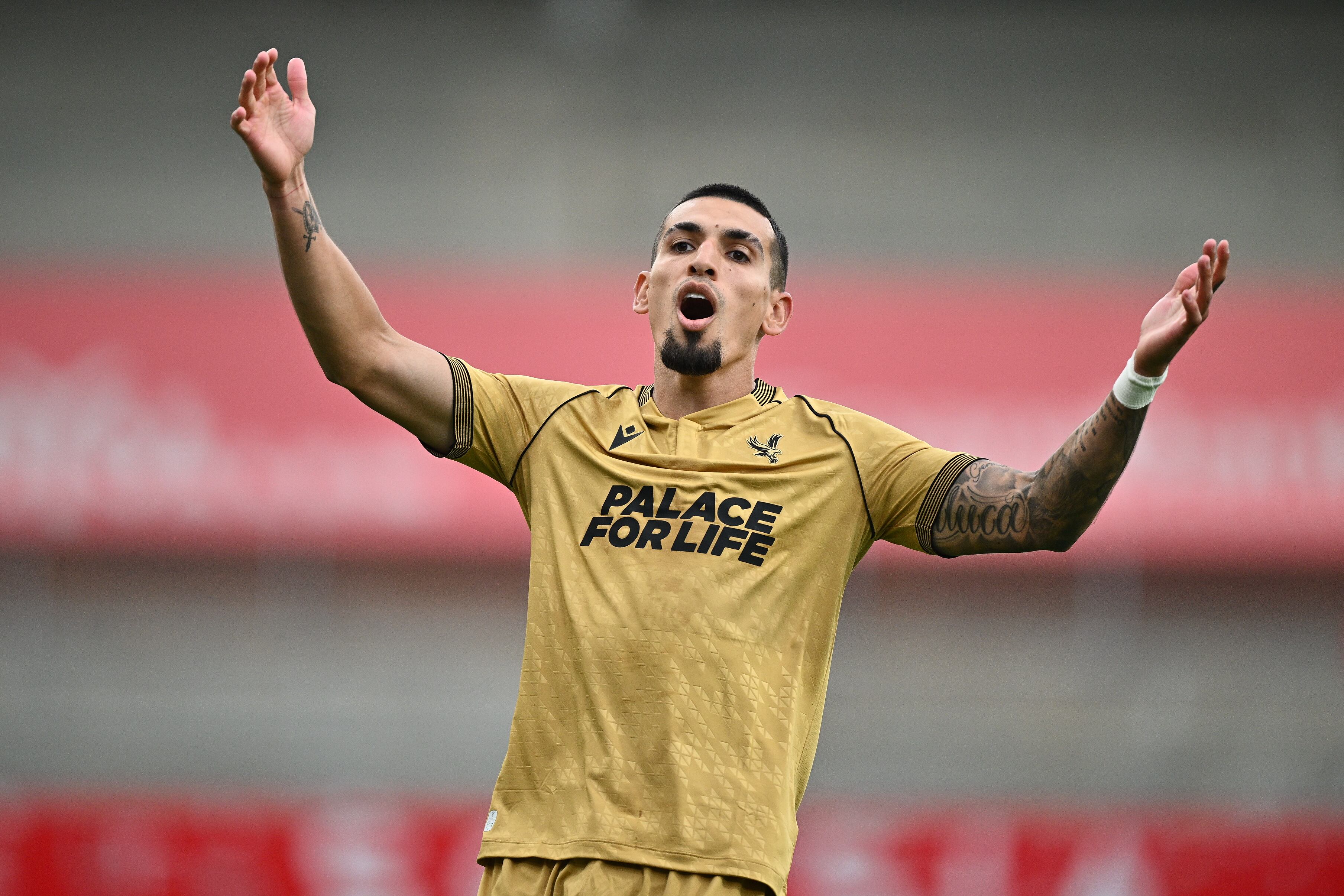 FREDRIKSTAD, NORWAY - AUGUST 28: Daniel Munoz of Crystal Palace reacts during the UEFA Conference League Play-off Round Second Leg match between Fredrikstad and Crystal Palace on August 28, 2025 in Fredrikstad, Norway. (Photo by Sebastian Frej/Getty Images)