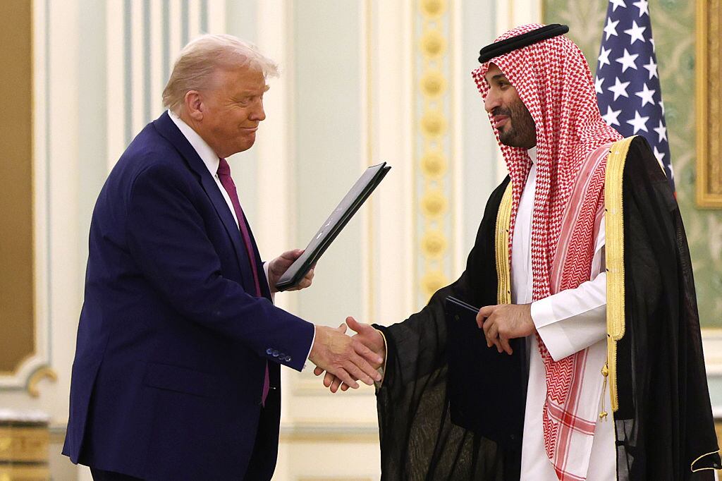 RIYADH, SAUDI ARABIA - MAY 13:  U.S. President Donald J. Trump and Saudi Crown Prince Mohammed bin Salman attend a signing ceremony at the Saudi Royal Court on May 13, 2025, in Riyadh, Saudi Arabia. Trump begins a multi-nation tour of the Gulf region focused on expanding economic ties and reinforcing security cooperation with key U.S. allies.   (Photo by Win McNamee/Getty Images)