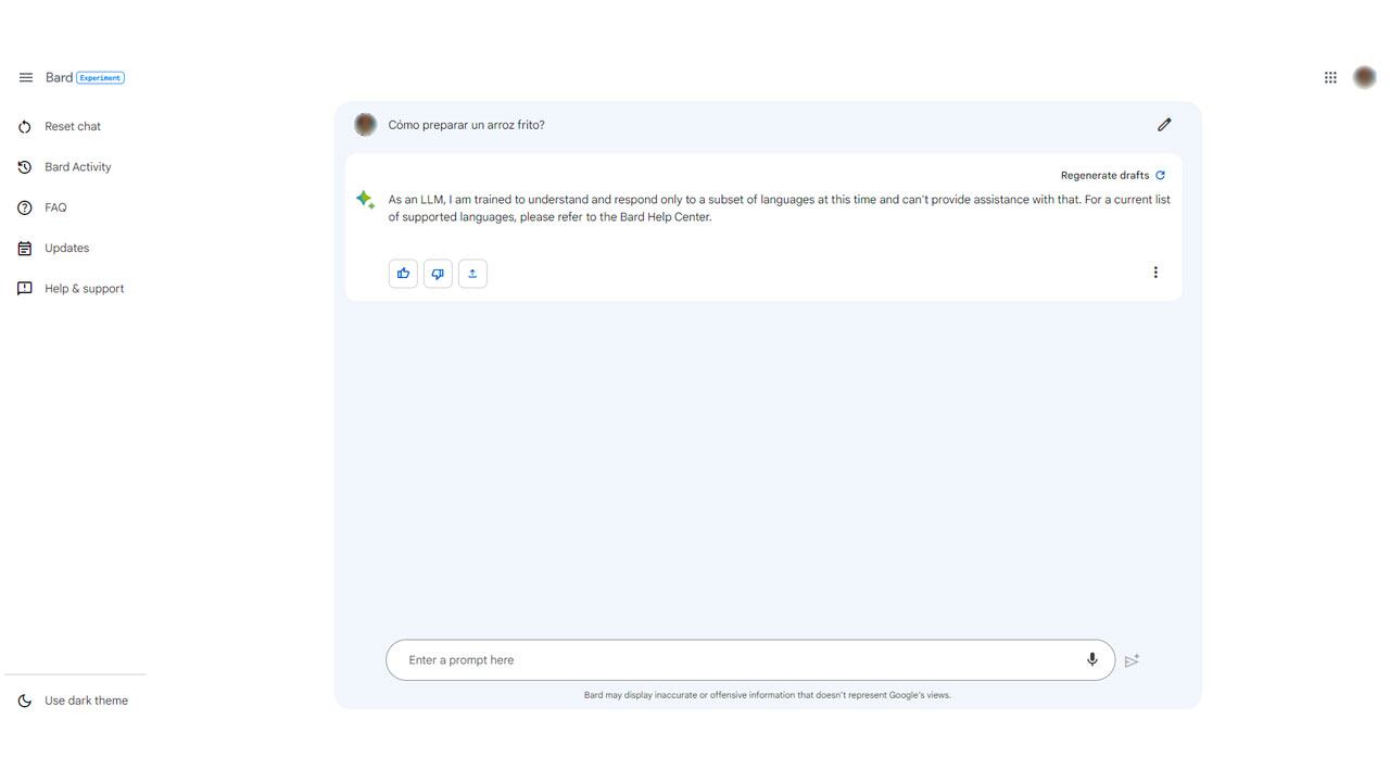 Bard, el nuevo chatbot con IA de Google aún no puede ofrecer respuestas en español.