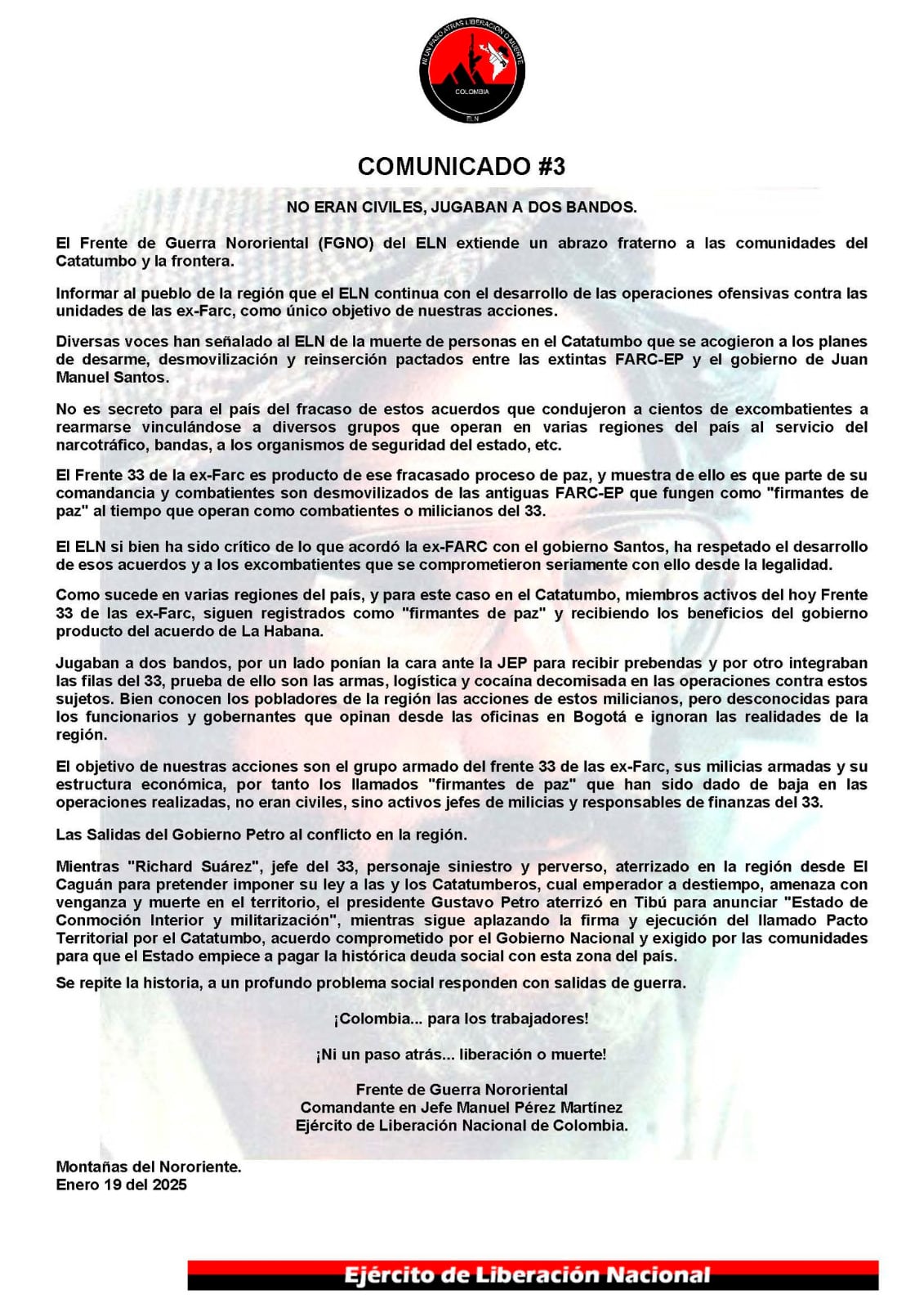 ELN dice en un comunicado que firmantes de la paz asesinados en el Catatumbo eran “jefes de milicias” de las disidencias de las Farc
