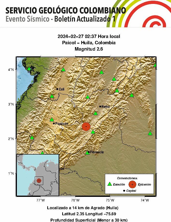 El epicentro del movimiento telúrico fue en el municipio de Paicol.