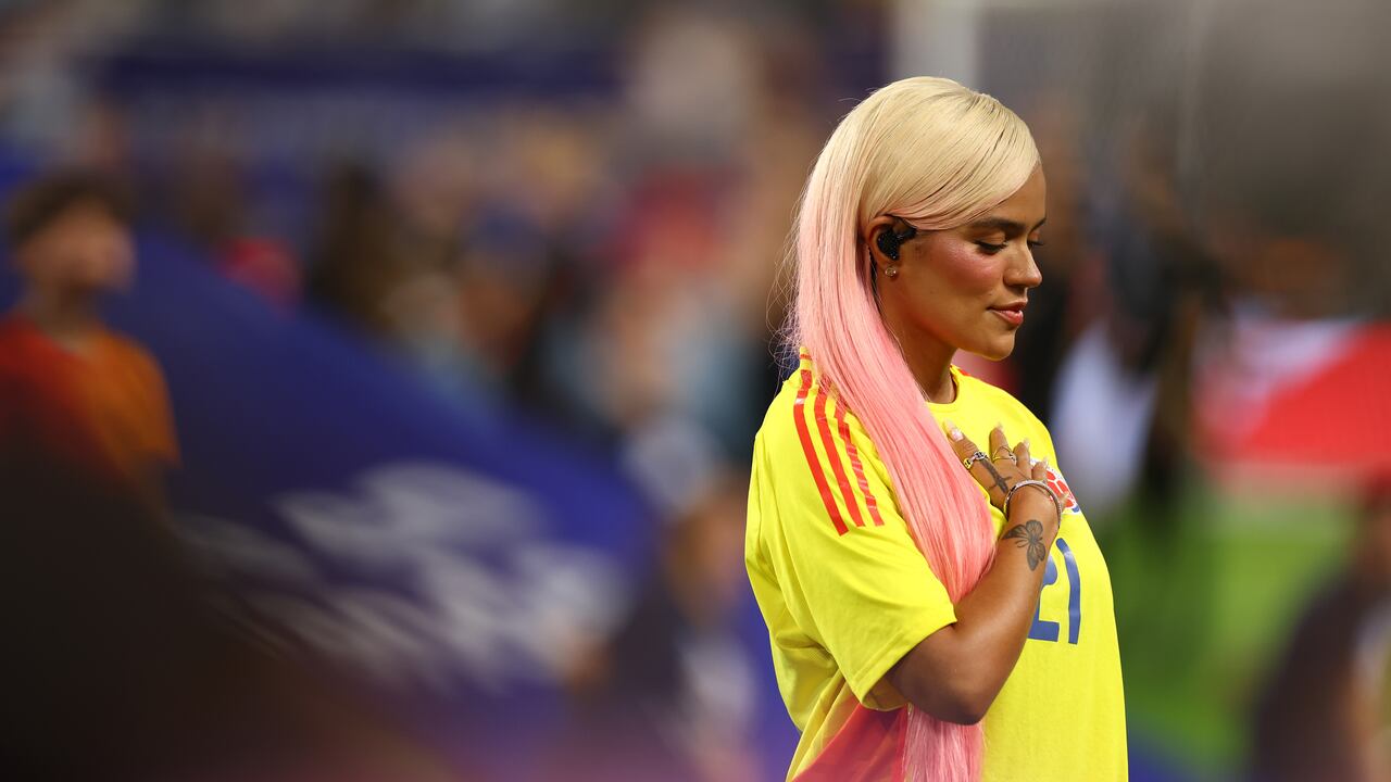 MIAMI GARDENS, FLORIDA - JULY 14: Karol G gestures prior to the CONMEBOL Copa America 2024 Final match between Argentina and Colombia at Hard Rock Stadium on July 14, 2024 in Miami Gardens, Florida. (Photo by Maddie Meyer/Getty Images)