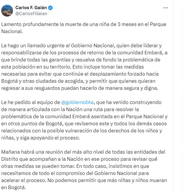 Mensaje del alcalde Carlos Fernando Galán, este domingo, 10 de junio.
