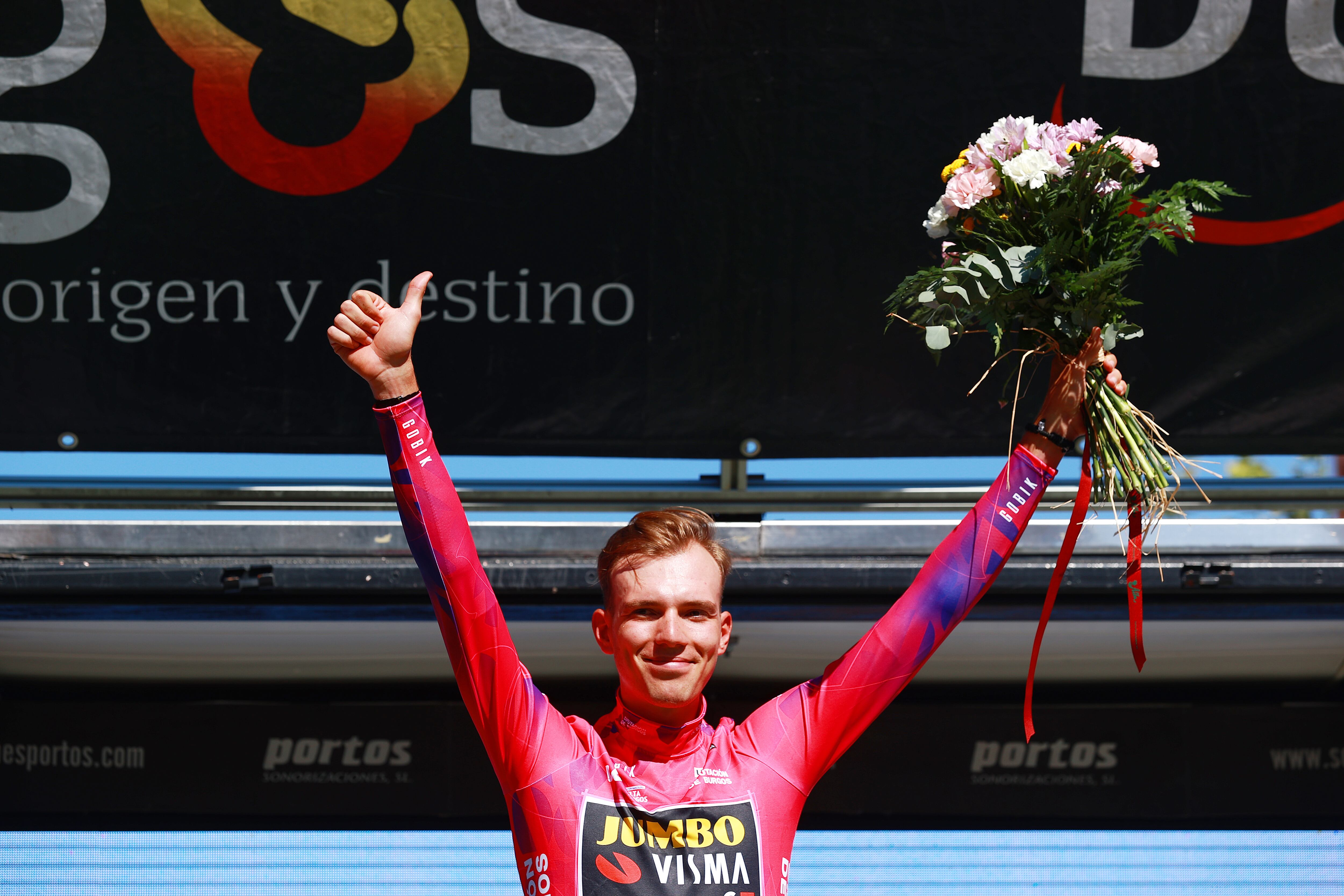 POZA DE LA SAL, SPAIN - AUGUST 16: Attila Valter of Hungary and Team Jumbo-Visma celebrates at podium as Purple Leader Jersey winner during the 45th Vuelta a Burgos 2023, Stage 2 a 13.1km team time trial from Oña to Poza de la Sal on August 16, 2023 in Poza de la Sal , Spain. (Photo by Gonzalo Arroyo Moreno/Getty Images)
