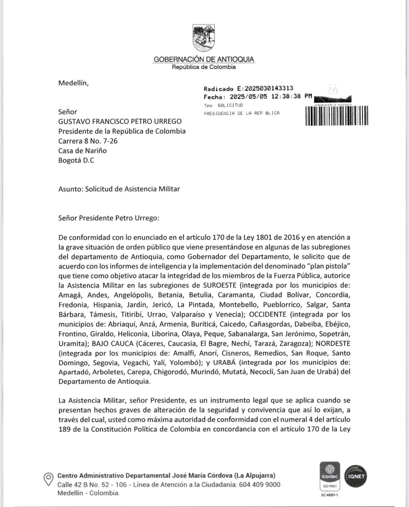 Carta enviada al presidente Gustavo Petro.